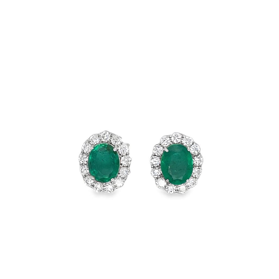 Oval Emerald and Diamond Halo Studs