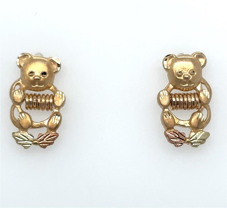 Tri-Color 10 Karat Diamond Cut/Satin Black Hills Gold Bear Stud Earrin