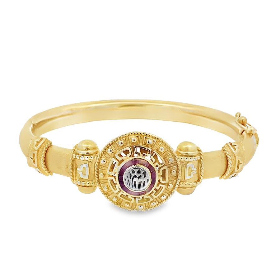 Estate Satin Fancy Engraved Ruby Bangle Bracelet