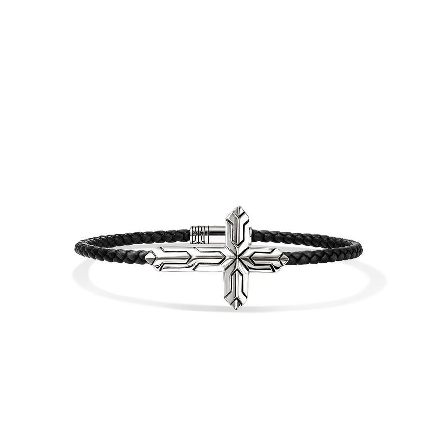 Sterling Silver Icon 50 Cross Bracelet on 3mm Black Leather w/ Pusher