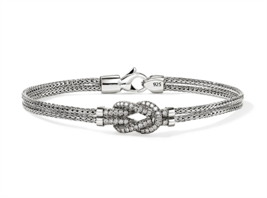 John Hardy Sterling Silver Love Knot Double Row Pave Diamond Bracelet