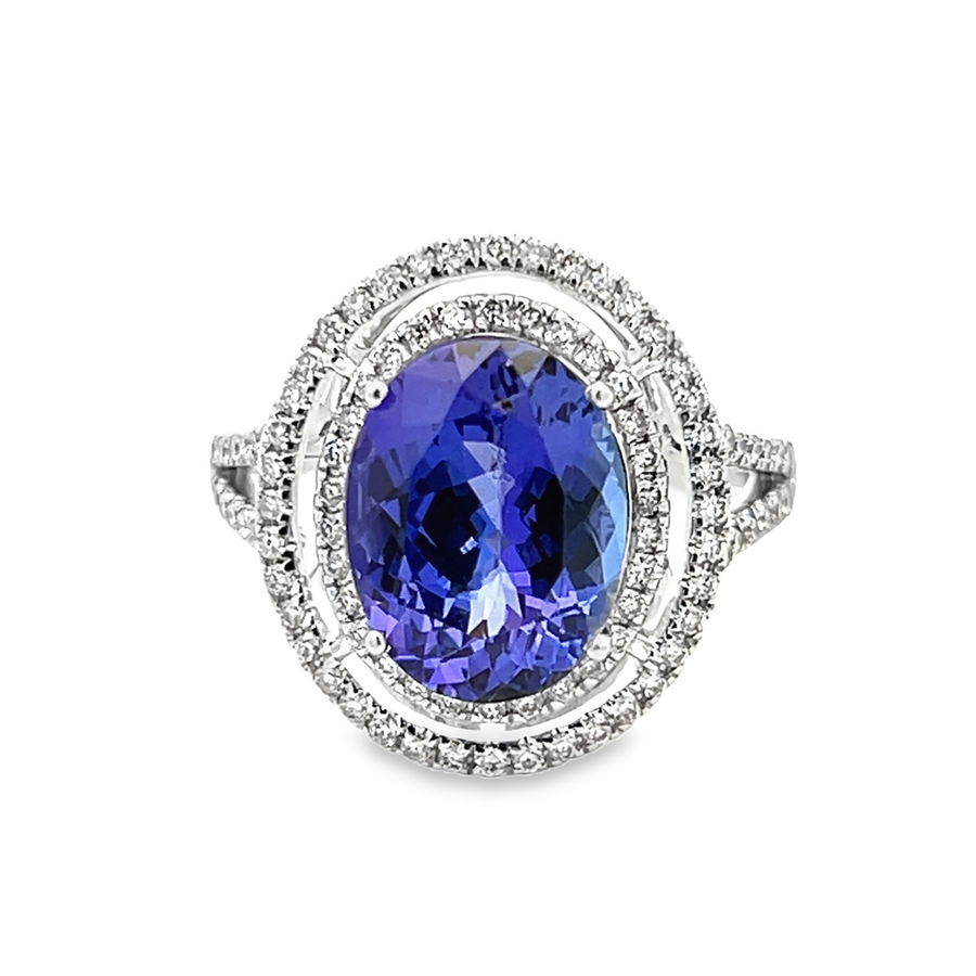 Estate 18 Karat White Gold Tanzanite & Diamond Double Halo Ring