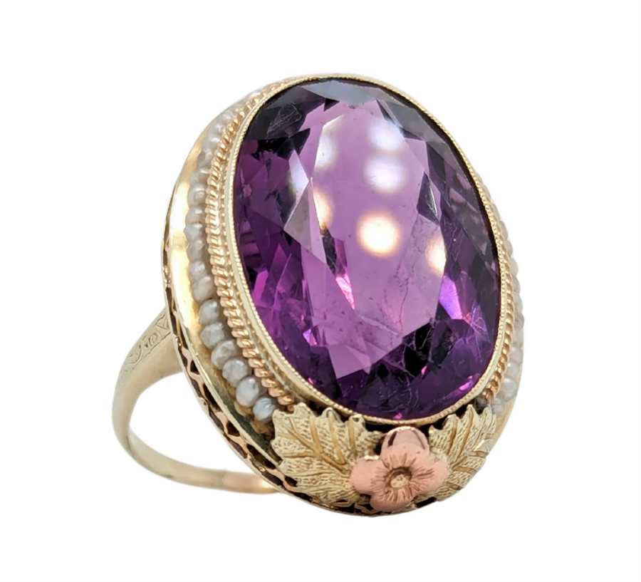 Two-Tone 14 Karat Amethyst And Seed Pearl Ring w/ Lattice And Milgrain