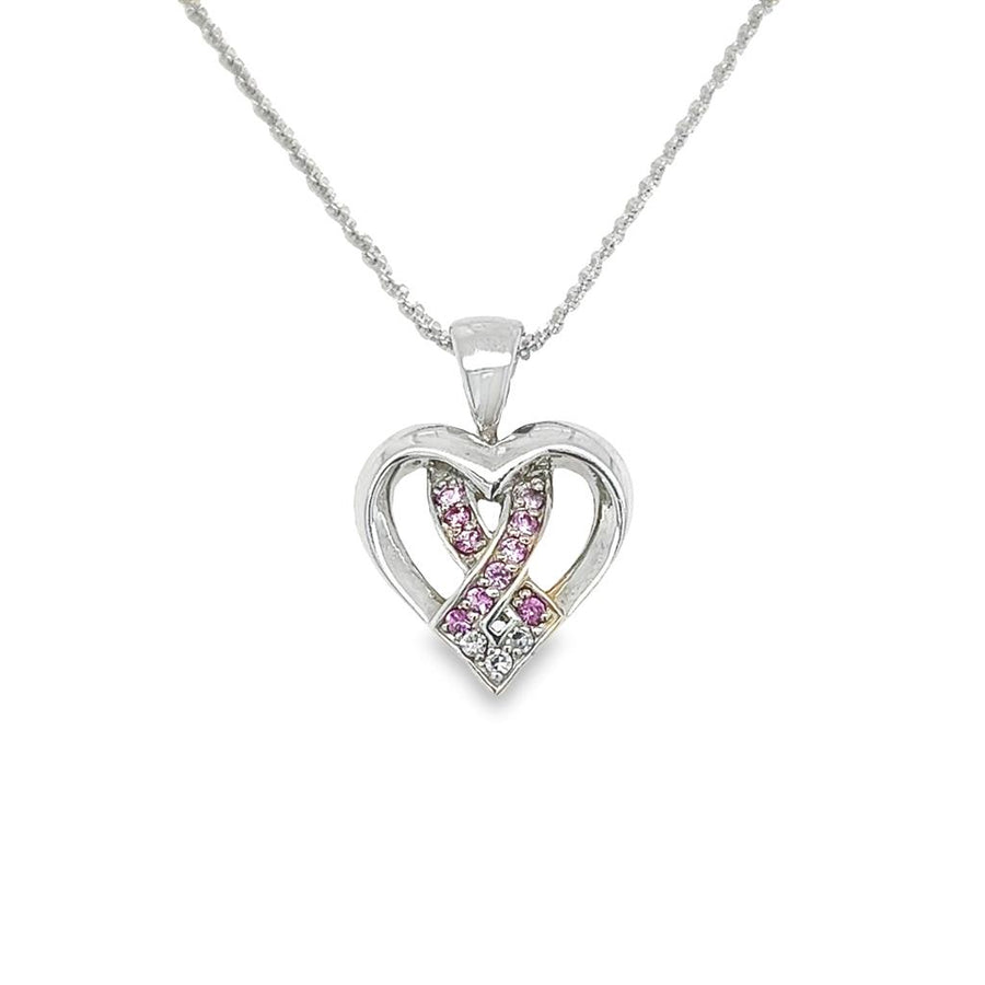 White 14 Karat Breast Cancer Ribbon Heart Pendant on a Sparkling Chain