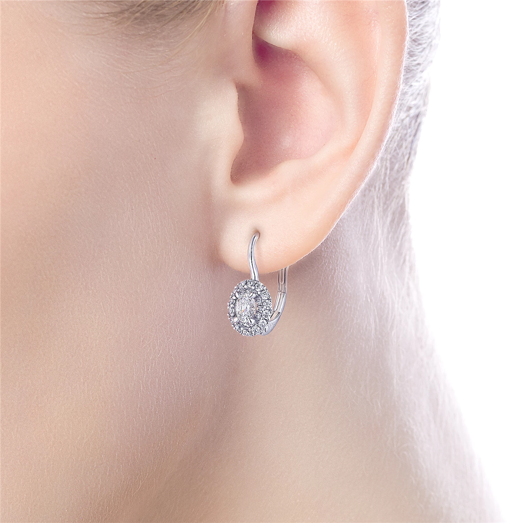 Gabriel & Co. Fashion 14K White Gold Oval Halo Diamond Leverback Earrings