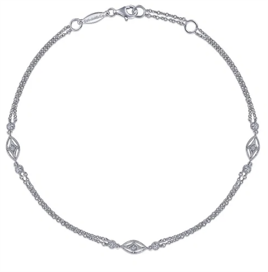 Gabriel & Co. Fashion Multi Row 925 Sterling Silver Chain Ankle Bracelet with White Sapphire Marquise Stations