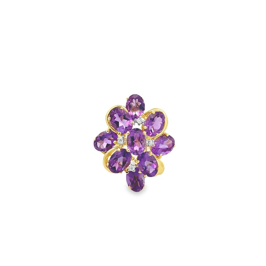 Yellow 14 Karat Cluster Amethyst And Diamond Ring Estate Jewelry Size