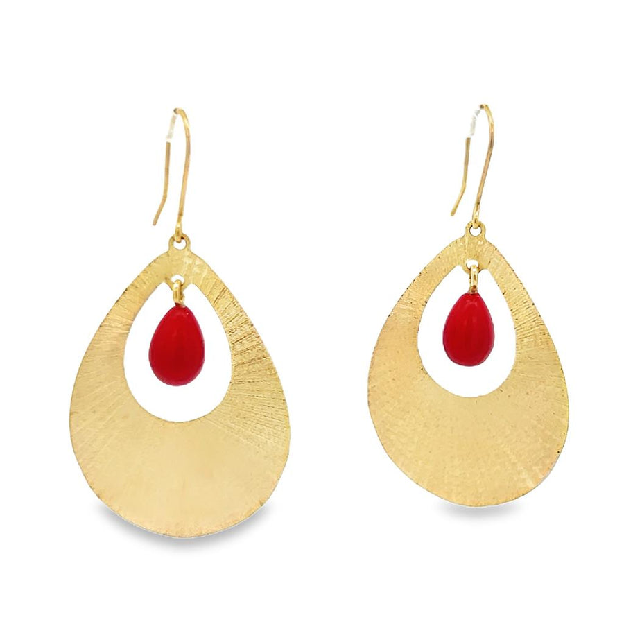 Estate Laser Finish Pear Shape Dangle Coral Earrings