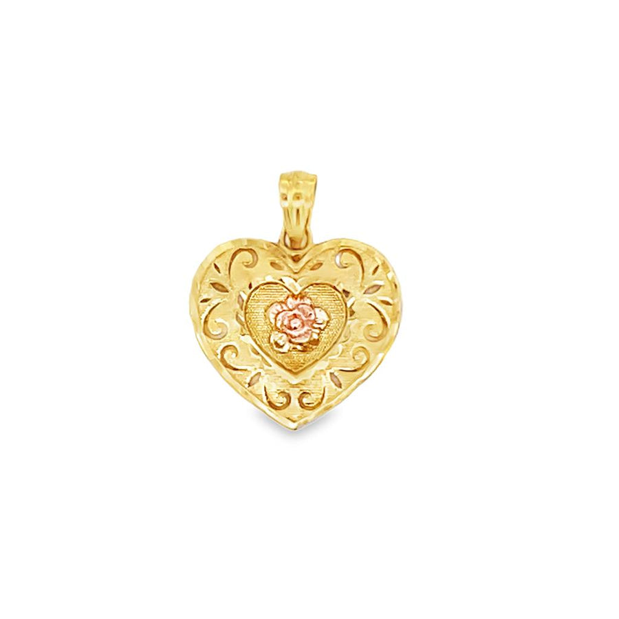 Yellow/Rose' 10 Karat Diamond Cut 21.25X16.5mm  Heart Pendant With Ros