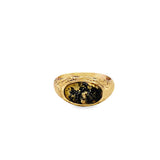 Yellow 10 Karat Engraved Ring With A East To West Bezel Set Oval Moss
