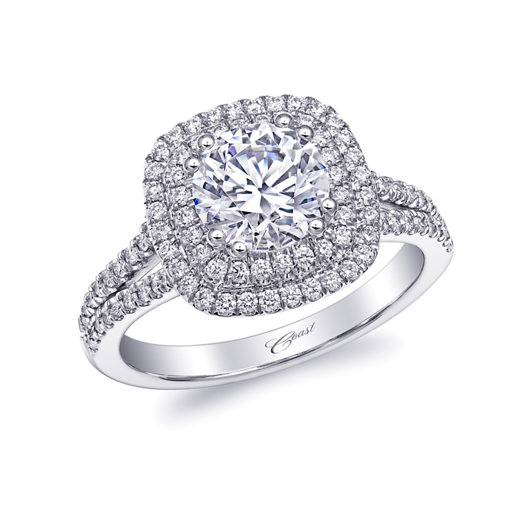 Coast Diamond Cushion Double Halo Fishtail Engagement Ring
