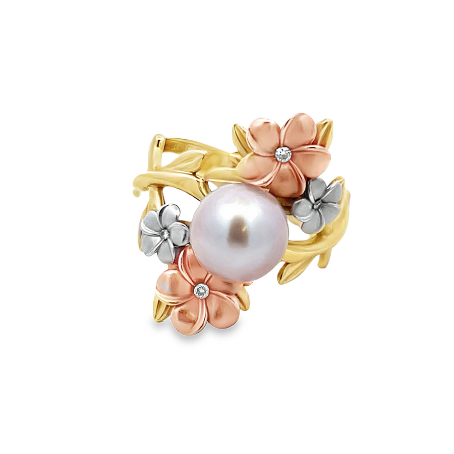 Tri-Color 14 Karat Gold Floral & Pearl Ring Estate Jewelry Size 6.25 W