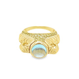 Yellow 14 Karat Polished/Matte Blue Topaz Grecian Urn Ring Estate Jewelry one 8.00x8.00mm Cabochon Blue Topaz
60=1.50x1.50mm Round Very Slightly Greenish Blue Amethysts Gram Weight: 12.16