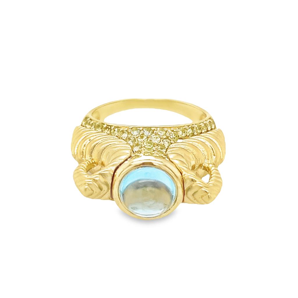 Yellow 14 Karat Polished/Matte Blue Topaz Grecian Urn Ring Estate Jewelry one 8.00x8.00mm Cabochon Blue Topaz
60=1.50x1.50mm Round Very Slightly Greenish Blue Amethysts Gram Weight: 12.16