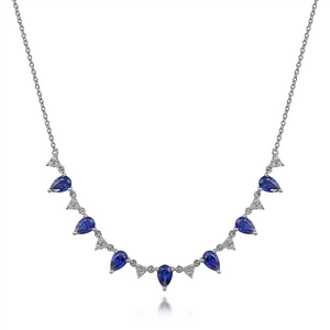 Gabriel & Co. Fashion 14K White Gold Diamond and Teardrop Blue Sapphire Station Necklace