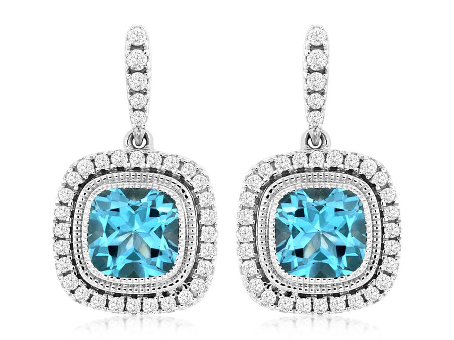 Lady's White 14 Karat Polished/Milgrain Cushion Halo Drop Earrings Wit