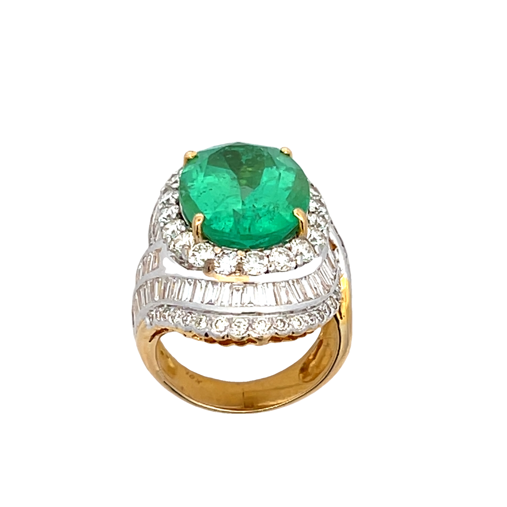 Estate Oval Emerald and Diamond Bypass Halo Ring