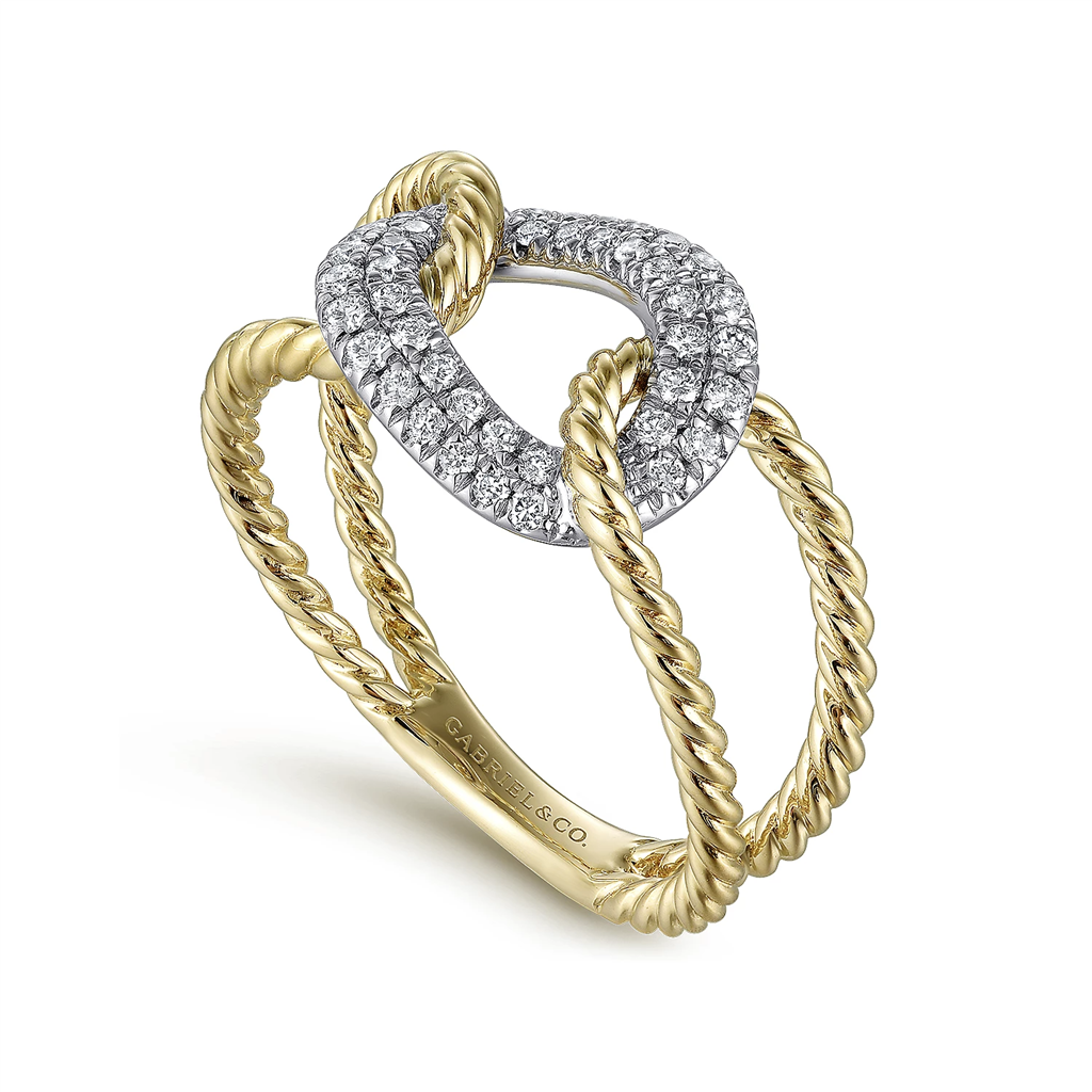 Gabriel & Co. Fashion 14K Yellow and White Gold Twisted Rope Link Ring with Diamond Pave Station
