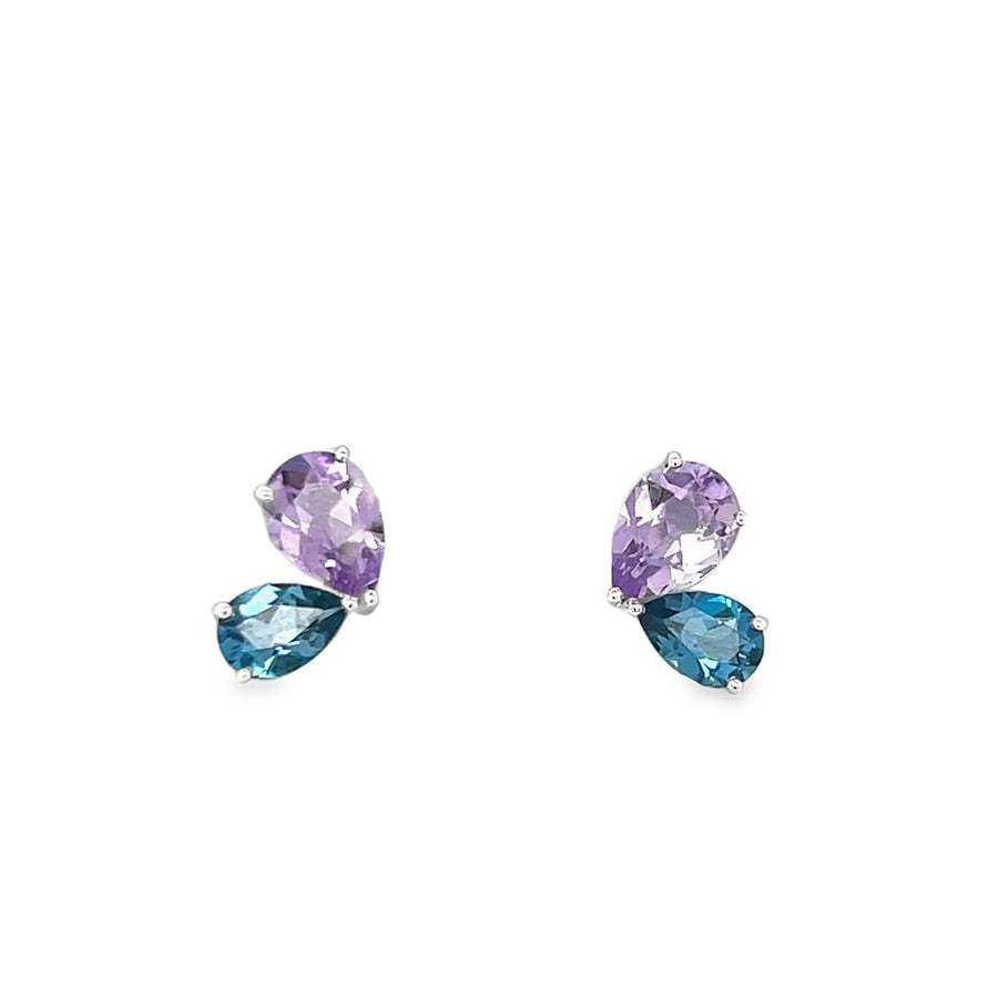 Lady's White 14 Karat 2 Stone Stud Earrings 2 = 0.73TWT Pear Blue Topa