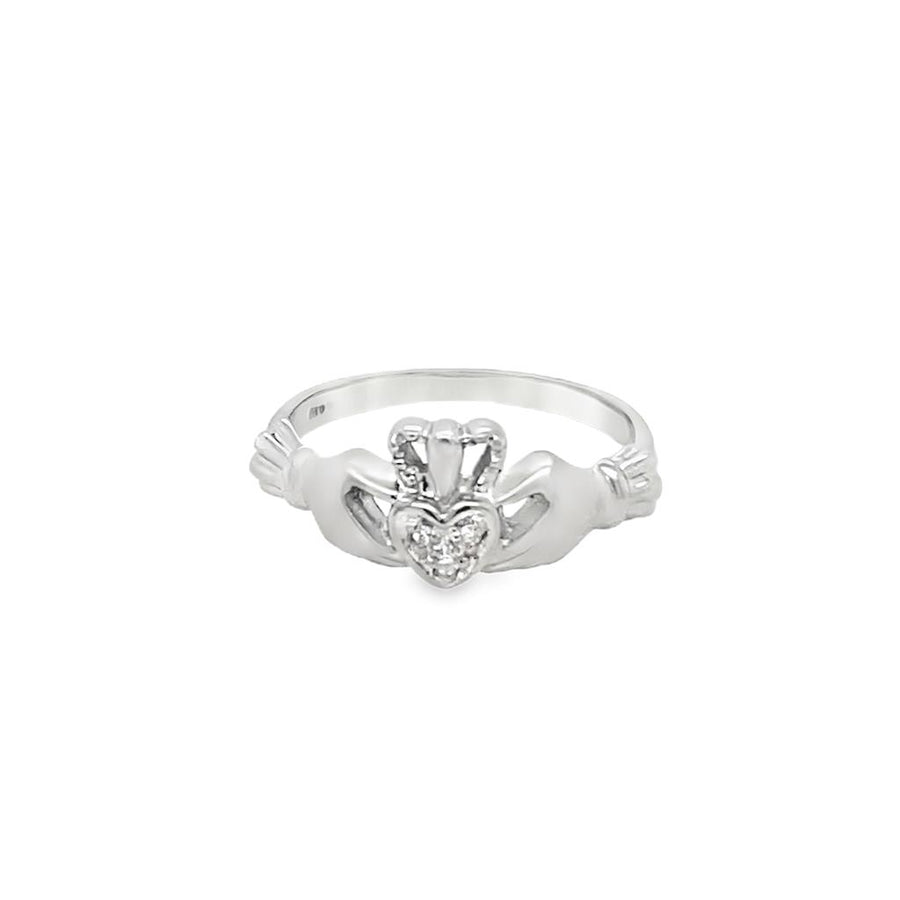 White 10 Karat Satin Diamond Claddagh Ring Estate Jewelry Size 5 With
