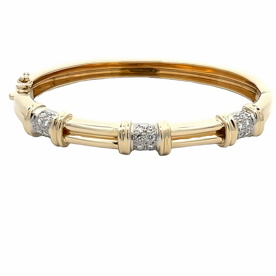 Two-Tone 14 Karat Diamond Station Bangle Estate Jewelry Length 6.5 Wit