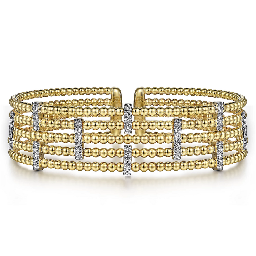 Gabriel & Co. Fashion Wide 14K White-Yellow Gold Bujukan Cuff Bangle with Diamond Bar Stations