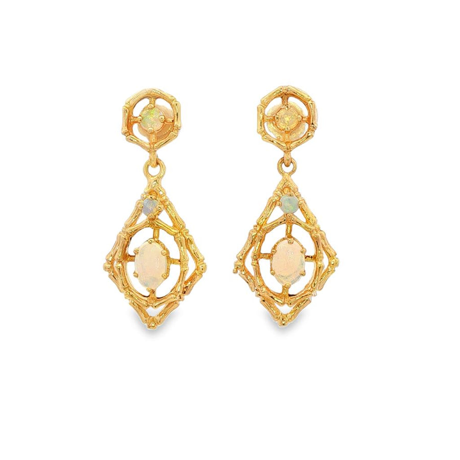 Yellow 14 Karat Bamboo 30.70X13.70mm Bamboo Finish Opal Earrings With