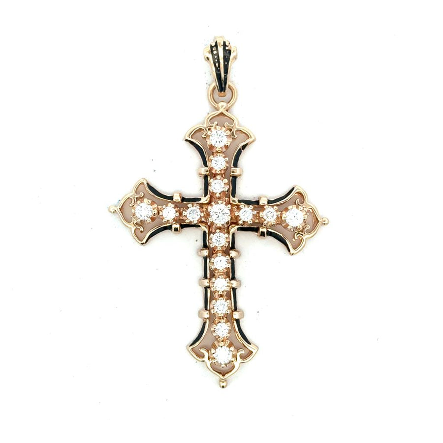 Polished Diamond Cross Pendant With Black Enameling