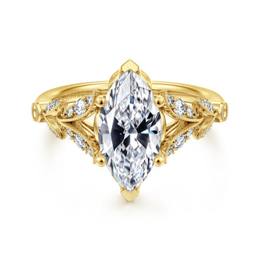 Lady's Yellow 14 Karat Leaf Style Split Shank Semi-Mount With Miligrai