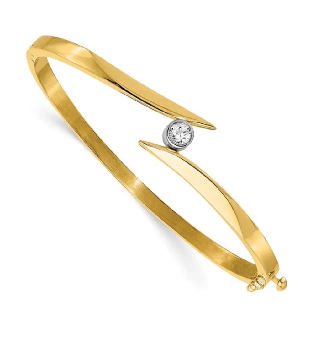 Two-Tone 14 Karat Bezel Diamond Bypass Bangle Estate Jewelry With One