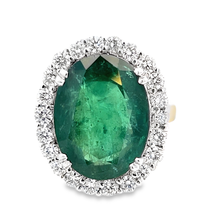 Two-Tone 14 Karat Oval Lemerald & Diamond Halo Ring Estate Jewelry Siz