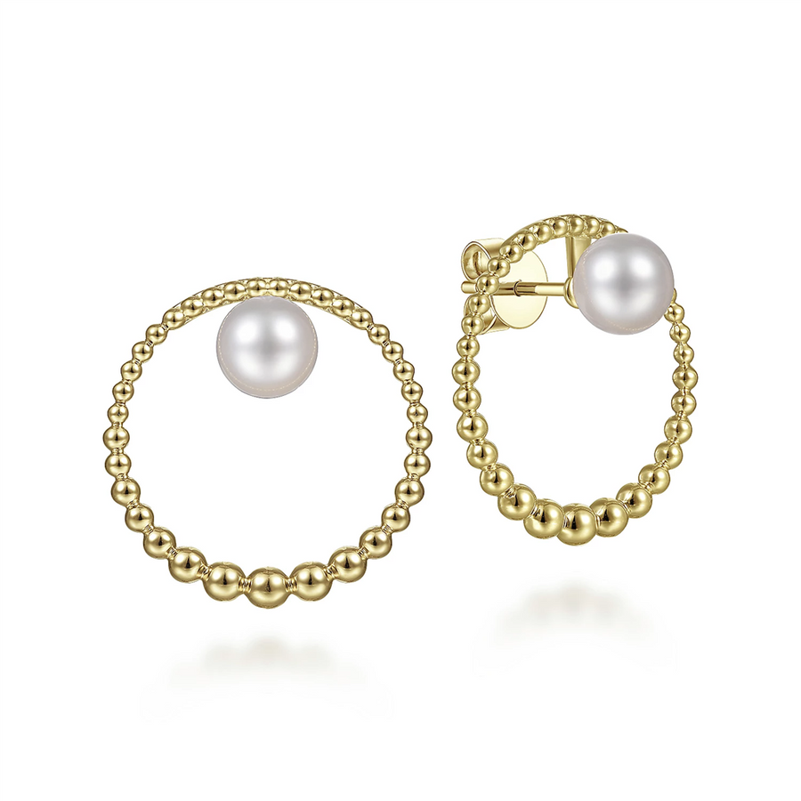 Gabriel & Co. Fashion 14K Yellow Gold Pearl Earring With a 21mm Graduating gold Bujukan Beads Jacket