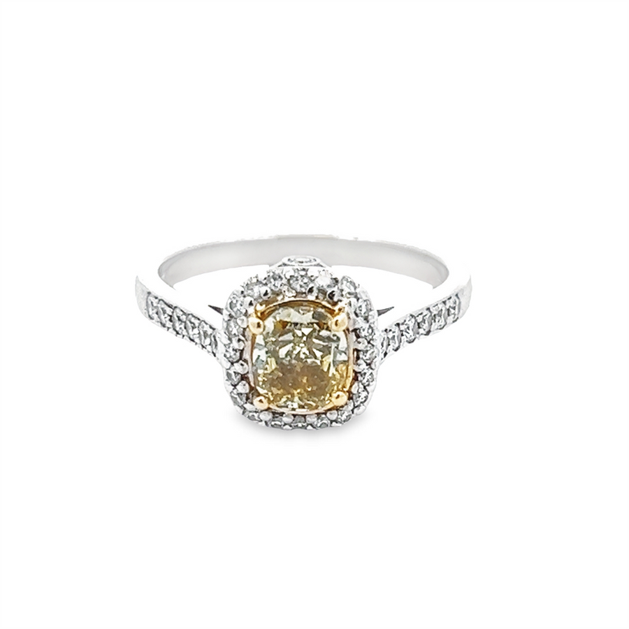 Estate Fancy Intense Yellow Cushion Diamond Halo Engagement Ring