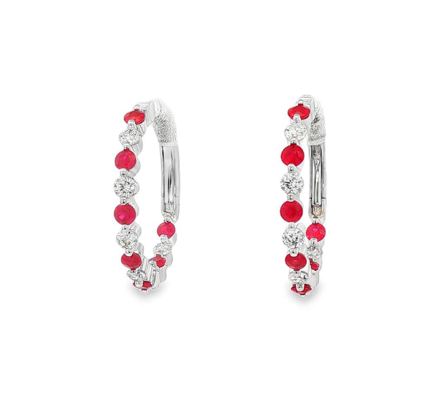 Lady's White 14 Karat Inside-Out Shared Prong Hoop Earrings With 12 =