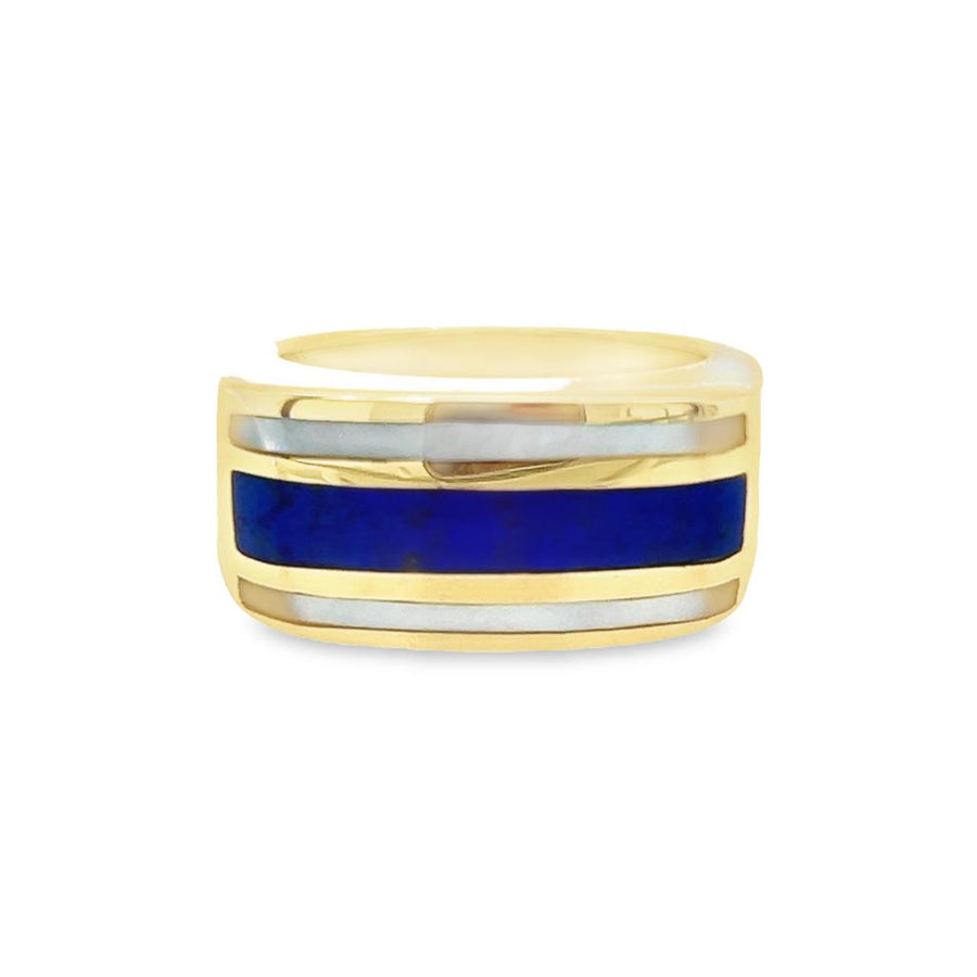 Yellow 14 Karat Mother of Pearl and Lapiz Lazuli Inlay Band
