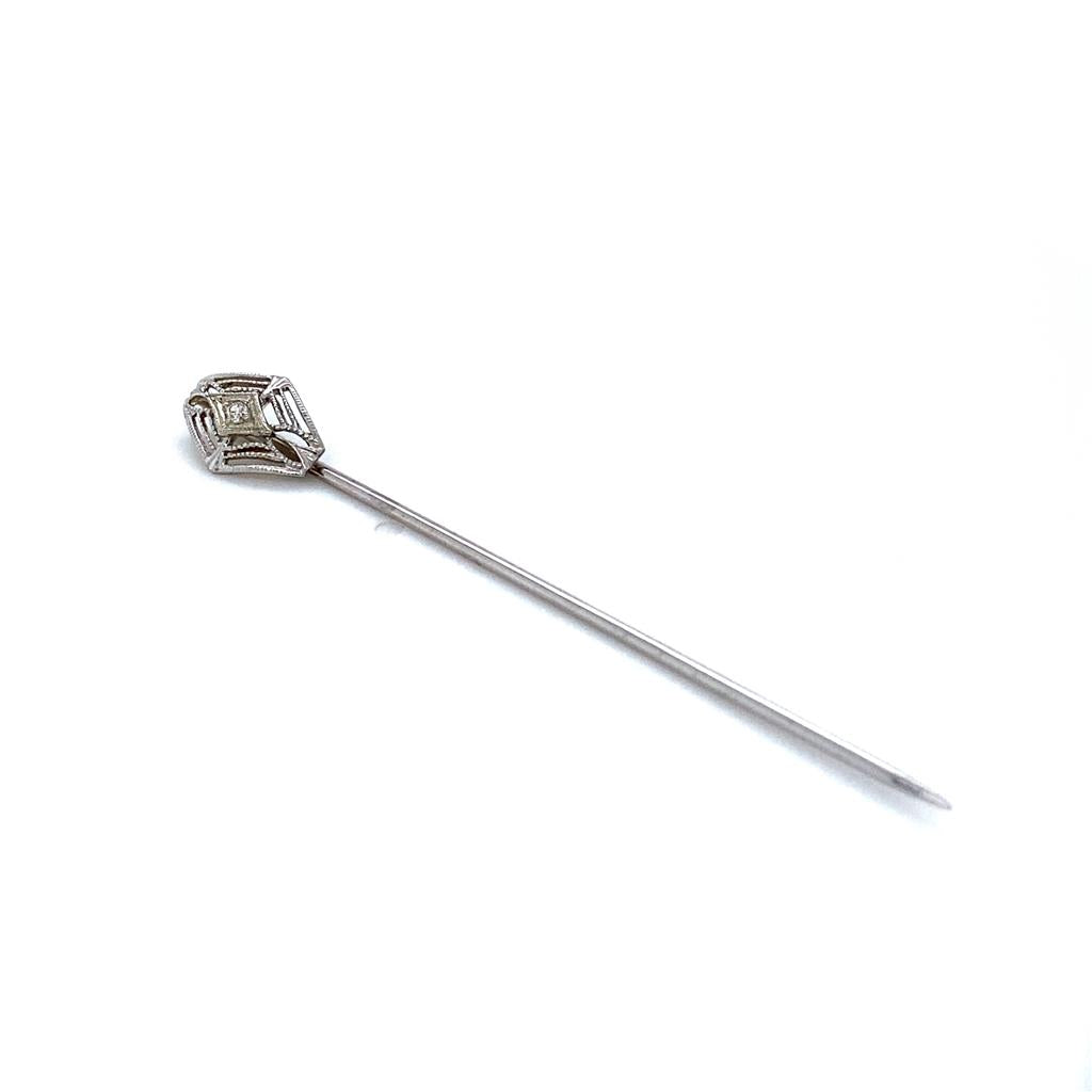 Estate Filigree Diamond Stick Pin, white gold, sc dia accent, 1.3grams.