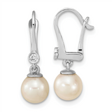 14K White Gold 7-8mm Round White Saltwater Akoya Pearl Dangle Earrings