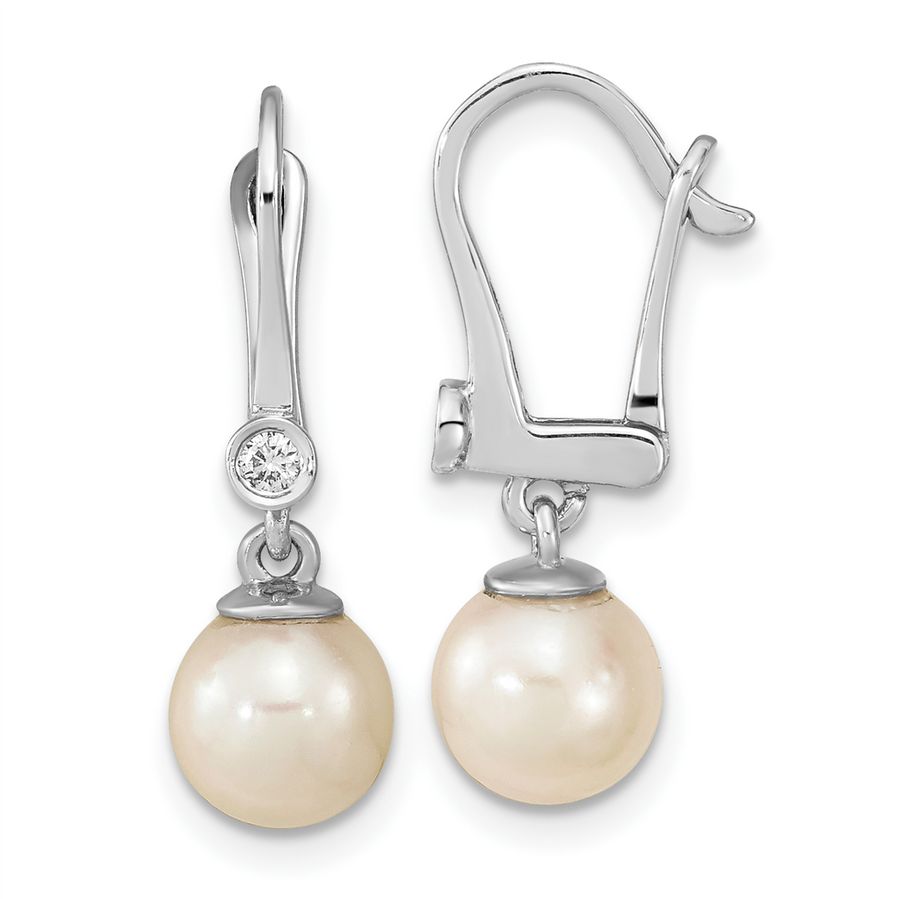 Quality Gold 14K White Gold 7-8mm Round White Saltwater Akoya Pearl .05ct Dia. Dangle Ea