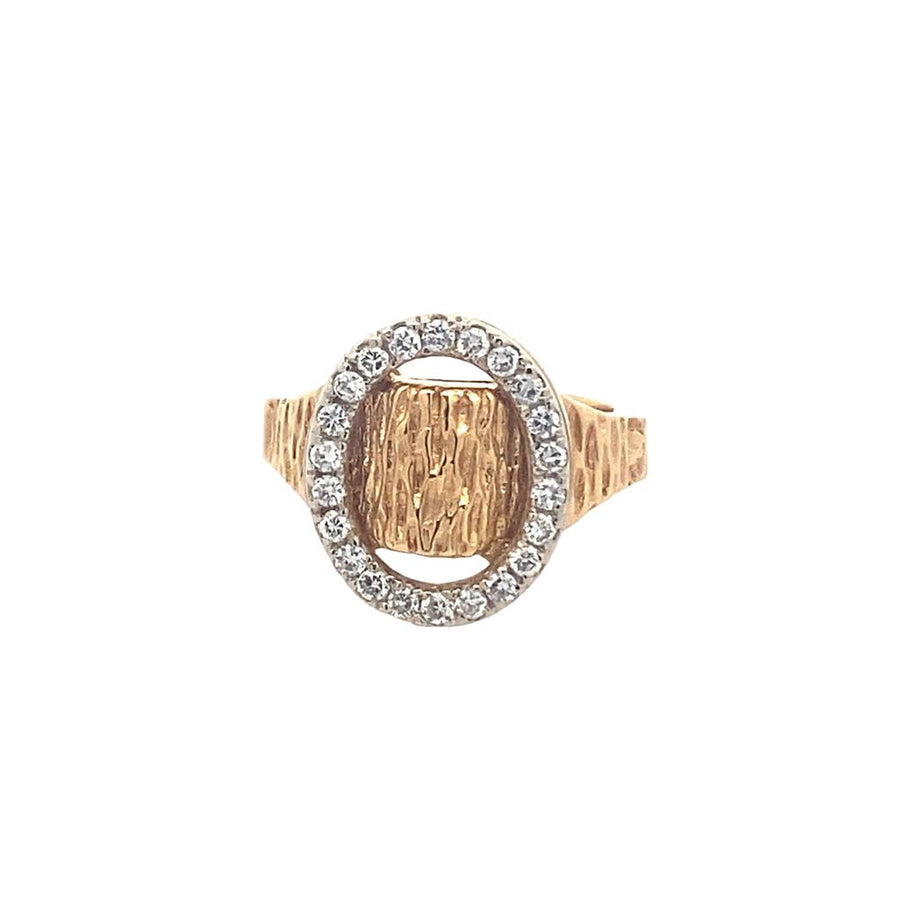 Estate Bark-textured Ring with Oval Halo containing twenty-two (22) 1.7mm  SI1/GH diamonds, approx. .50ctw, 4.67grams, 14KY with WG halo top.