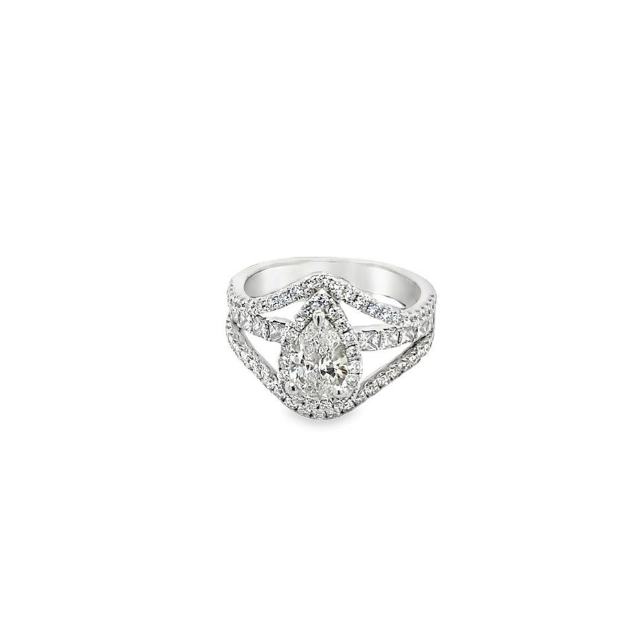 White 18 Karat Halo Estate Jewelry Size 5.5 one = 0.88ct Pear L SI1 Di