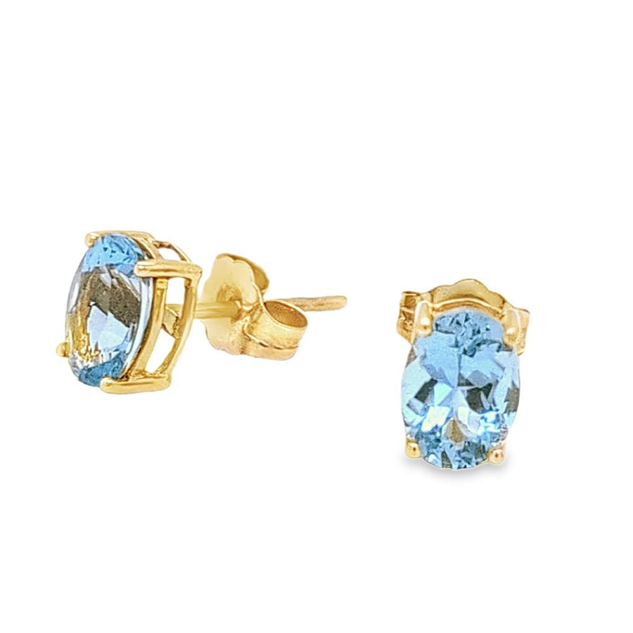 Lady's Yellow 14 Karat Stud Earrings 2 = 1.43tw Oval Aquas
