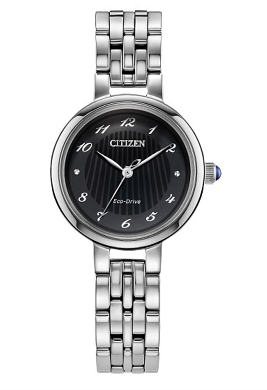 White-Toned Stainless Steel Ladies Citizen Watch with a Black Dial and