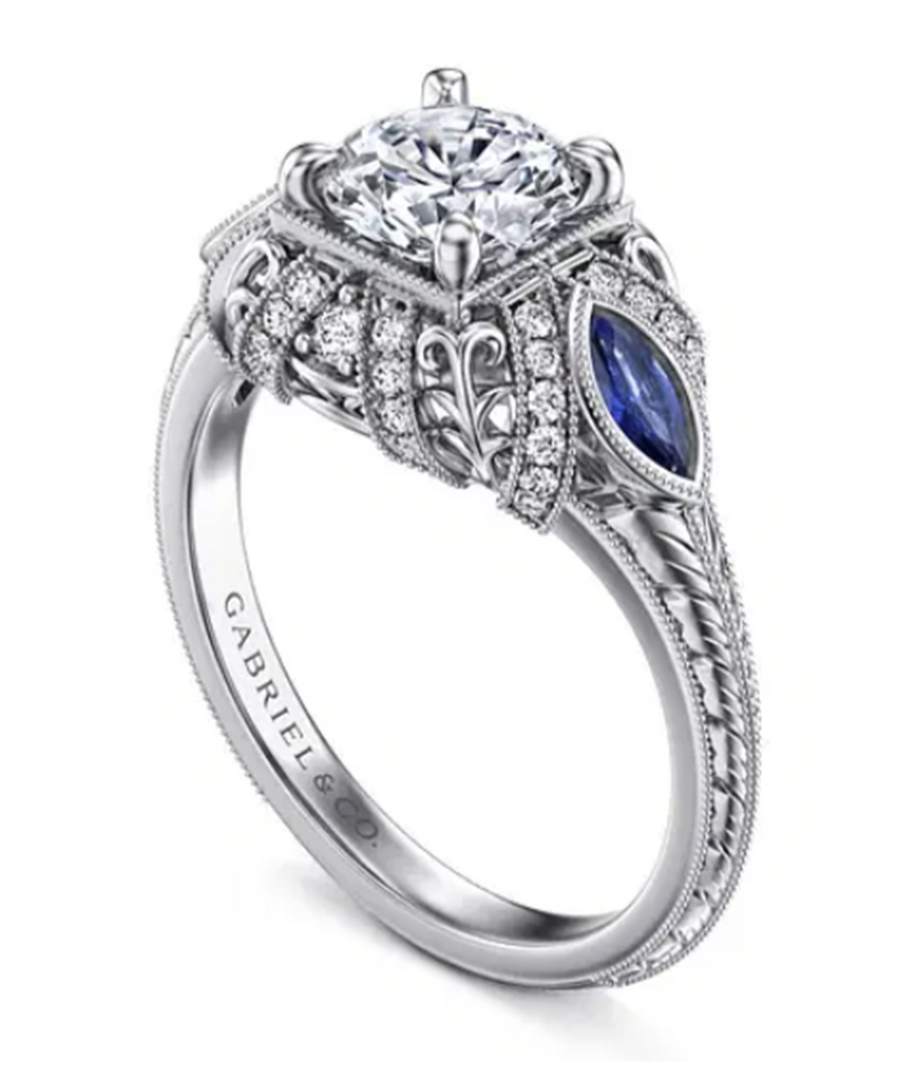 Gabriel & Co. Sapphire and Diamond Engraved Vintage Style Engagement Ring Mounting