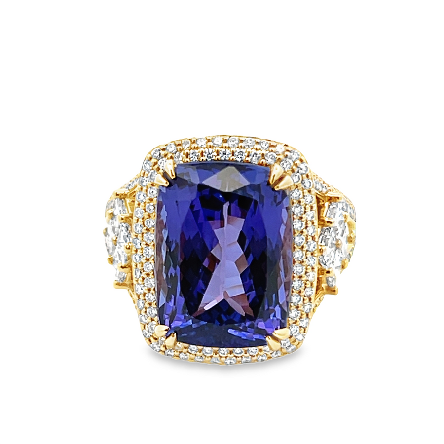 Yellow 18 Karat Cushion Tanzanite & Diamond Ring Estate Jewelry Size 6