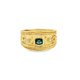 Etruscan Ring with Cushion Indicolite Tourmaline and Diamond Ring