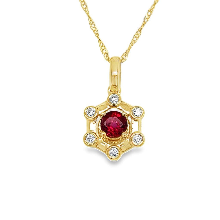 Lady's Yellow 14 Karat Diamond and Ruby Hexagon Halo Necklace