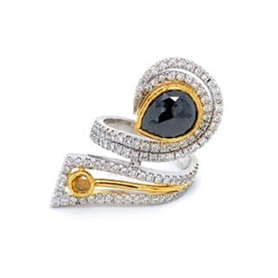 Two-Tone 18K/22K Freeform Double Halo Black and Yellow Diamond Ring
 -