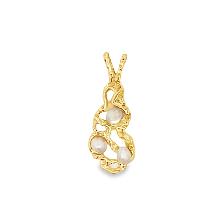 26.08x9.92mm Yellow Gold Open Nugget Pearl Pendant With 3- 3mm White P