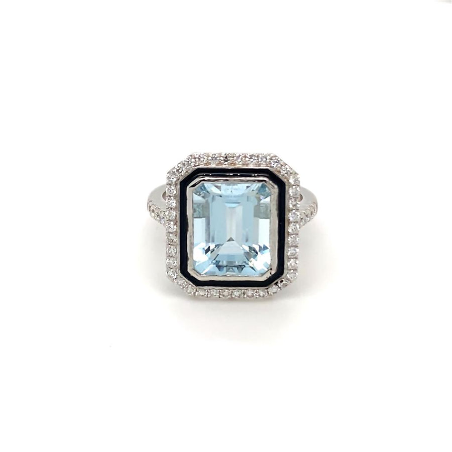 Emerald Cut Aqua Marine with Black Enamerl and Diamond Halo Ring