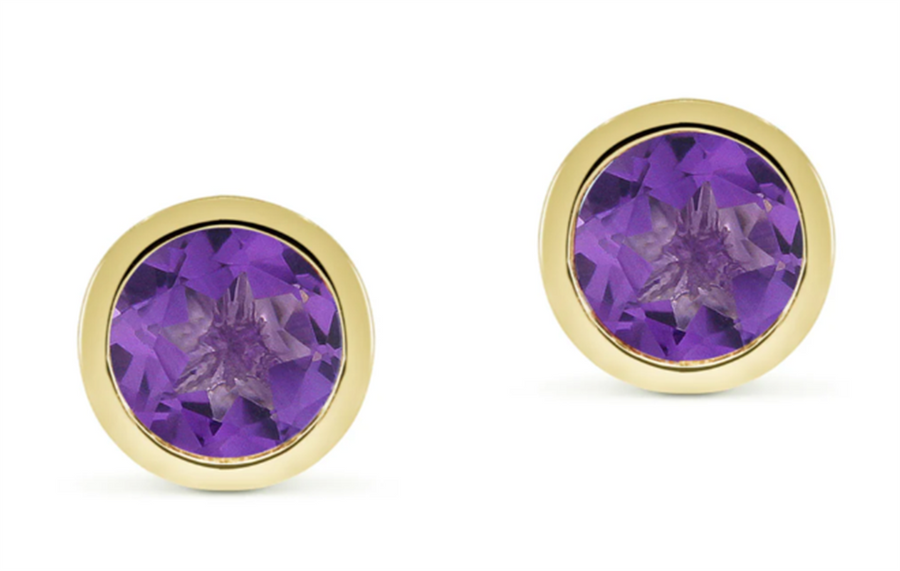 Lady's Yellow 14 Karat Bezel Earrings 2=0.93TW Round Amethysts